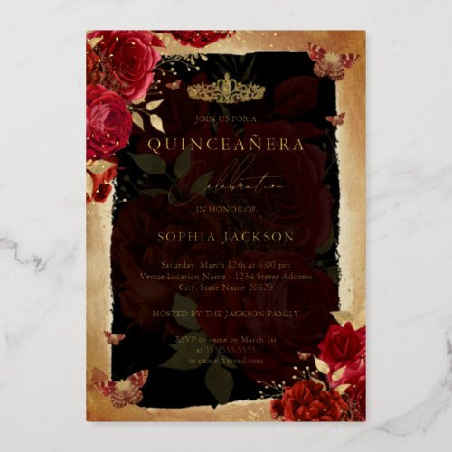 Red Rose Gold Floral Butterfly Tiara Quinceanera  Foil Invitation