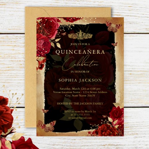 Red Rose Gold Floral Butterfly Tiara Quinceanera Foil Invitation