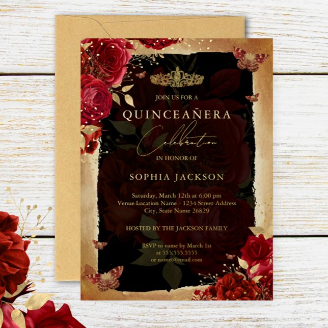 Red Rose Gold Floral Butterfly Tiara Quinceanera Foil Invitation (Creator Uploaded)