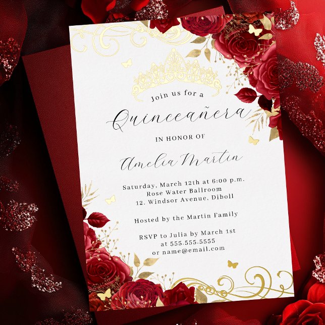 Red Rose Gold Floral Swirl Quinceanera   Foil Invitation (Creator Uploaded)