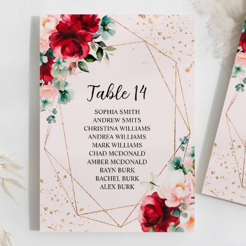 Red Rose  Gold Floral Wedding Seating Chart Cards