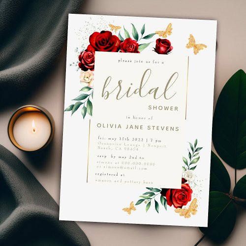 Red Rose Gold Frame Butterfly Modern Bridal Shower Invitation