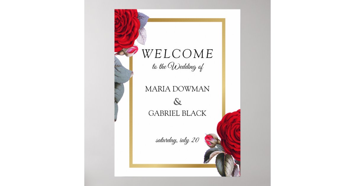 Red rose. Gold frame. Luxury welcome Sign Poster | Zazzle