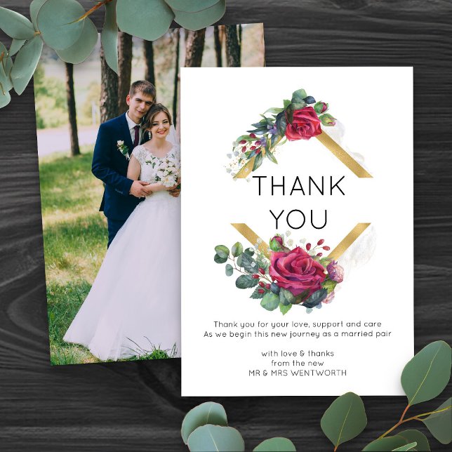 Red Rose Gold Geometric Frame Wedding Thank You Card (Wedding photo thank you cards with floral gold frame - Red Rose and Eucalyptus Wedding Collection)