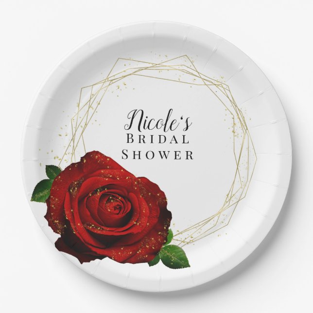 Red Rose Gold Geometric Glam Bridal Shower Paper Plates (Front)