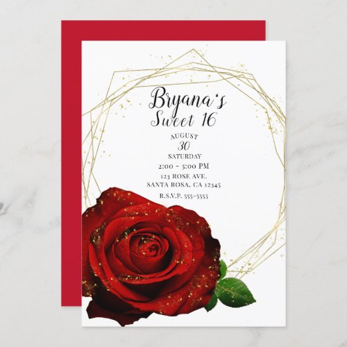 Red Rose Gold Geometric Glam Sweet 16 Party Invitation