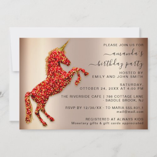 Red Rose Gold Glitter Unicorn Horse Birthday  Invitation