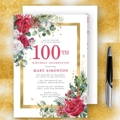 Red Rose Gold Holly 100th Birthday Invitation Postcard