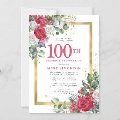 Red Rose Gold Holly 100th Birthday Magnetic Invitation