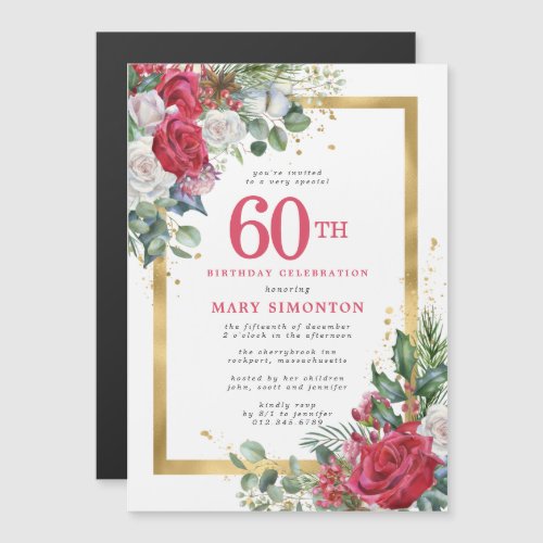 Red Rose Gold Holly 60th Birthday Magnetic Invitation