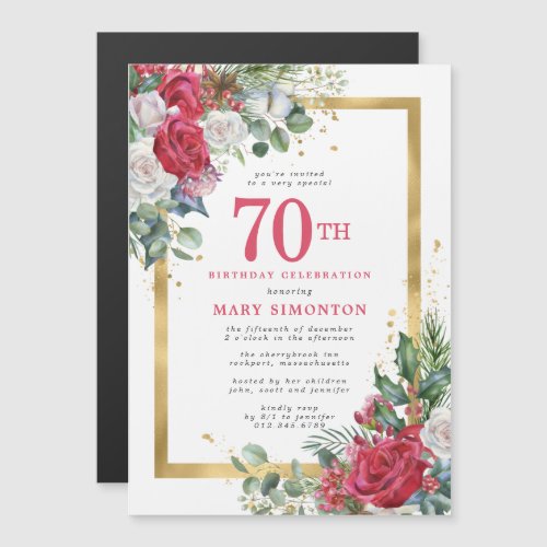 Red Rose Gold Holly 70th Birthday Magnetic Invitation