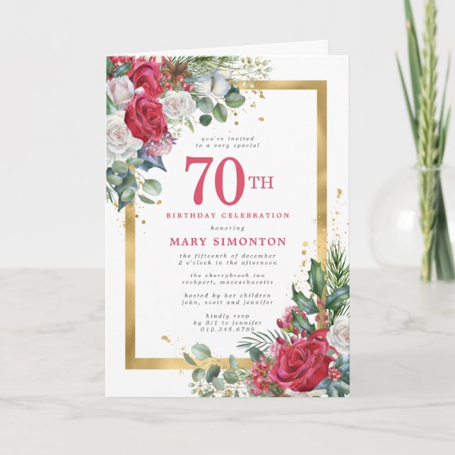 Red Rose Gold Holly 70th Birthday Party Invitation (Front)