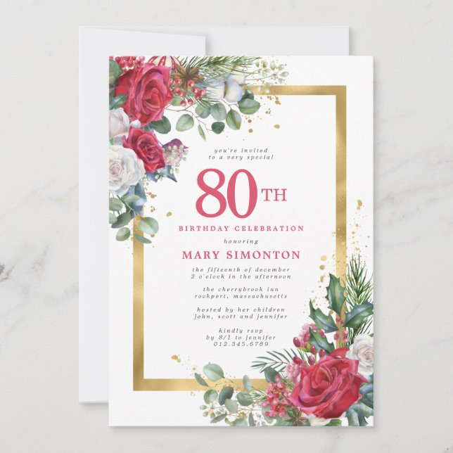 Red Rose Gold Holly 80th Birthday Invitation (Front)