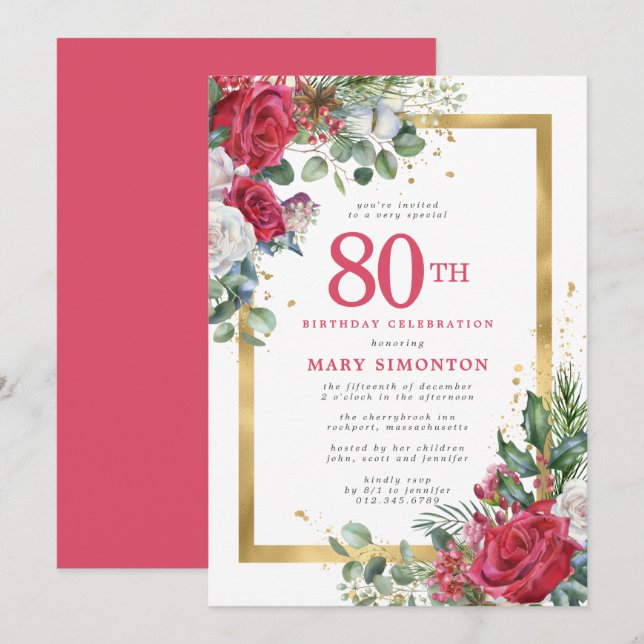 Red Rose Gold Holly 80th Birthday Invitation (Front/Back)