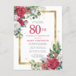 Red Rose Gold Holly 80th Birthday Invitation Postcard<br><div class="desc">Beautiful red and white roses are nestled in holly and eucalyptus leaves to create an elegant floral display. They decorate a wide gold frame and are dappled with gold confetti dust. 80th birthday celebration and the person's name is written in a large red text. There is more room on the...</div>