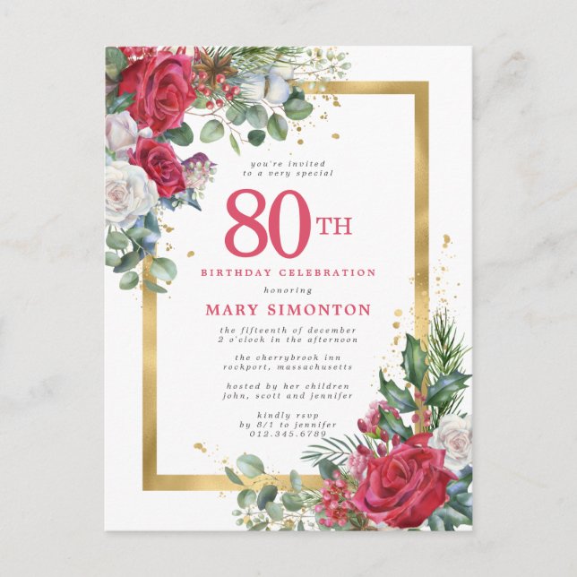 Red Rose Gold Holly 80th Birthday Invitation Postcard (Front)