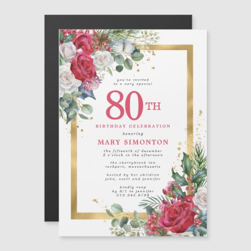 Red Rose Gold Holly 80th Birthday Magnetic Invitation