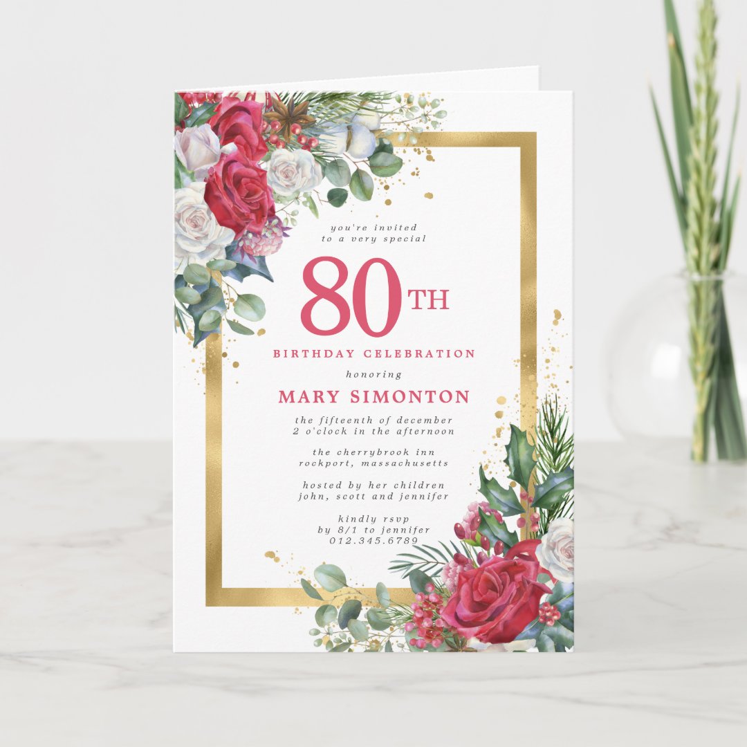 Red Rose Gold Holly 80th Birthday Party Invitation | Zazzle