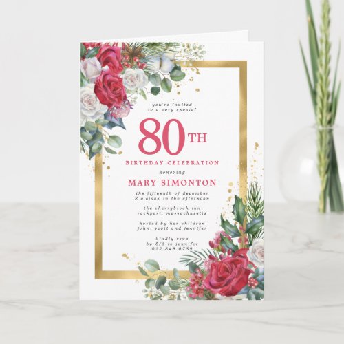 Red Rose Gold Holly 80th Birthday Party Invitation