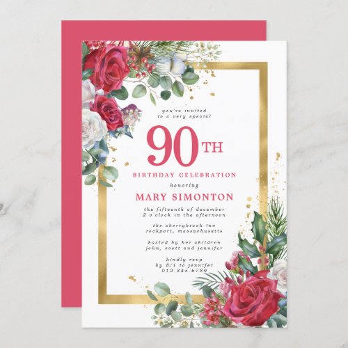 Red Rose Gold Holly 90th Birthday Invitation