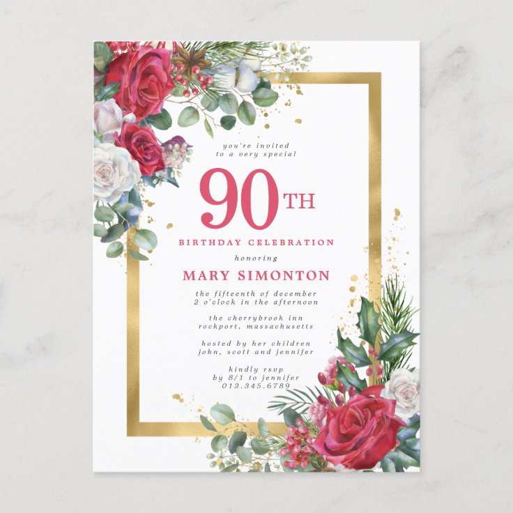 Red Rose Gold Holly 90th Birthday Invitation Postcard | Zazzle