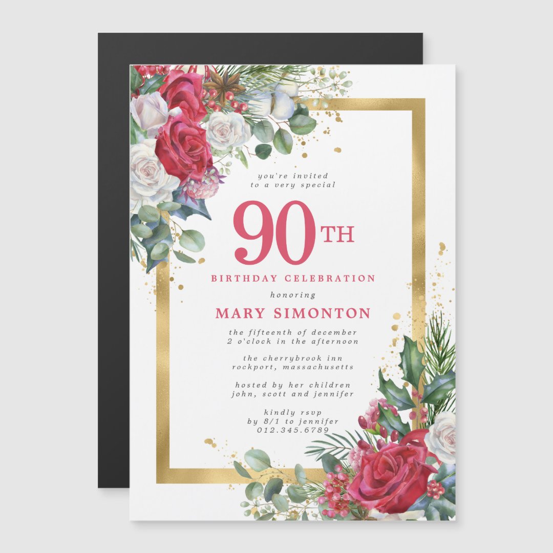 Red Rose Gold Holly 90th Birthday Magnetic Invitation | Zazzle