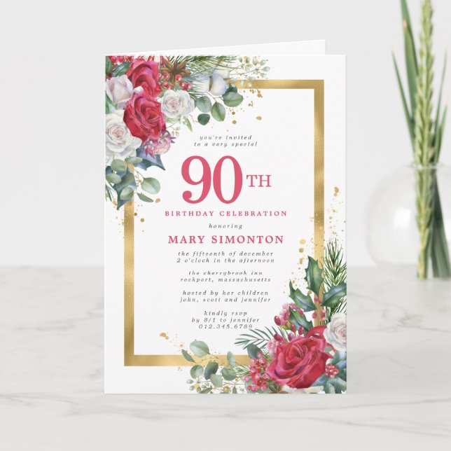 Red Rose Gold Holly 90th Birthday Party Invitation (Front)