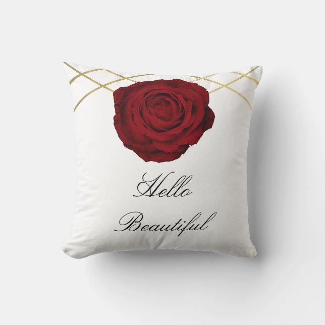 Red Rose & Gold Lines Floral Elegant Modern Glam Throw Pillow (Front)