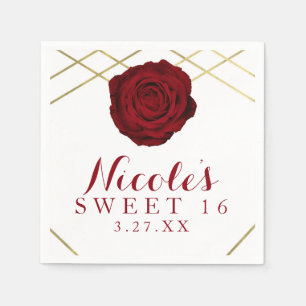 Red Rose & Gold Lines Floral Elegant Party Custom Napkins