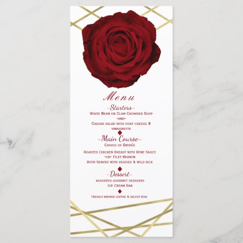 Red Rose  Gold Lines Floral Elegant Party Menu