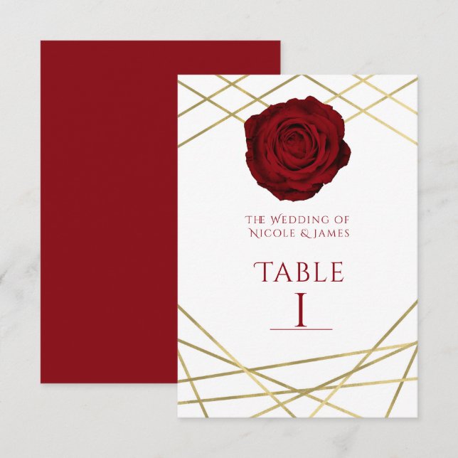 Red Rose & Gold Lines Floral Elegant Table Number (Front/Back)