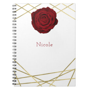 Red Rose & Gold Lines Floral Geometric Glam Custom Notebook