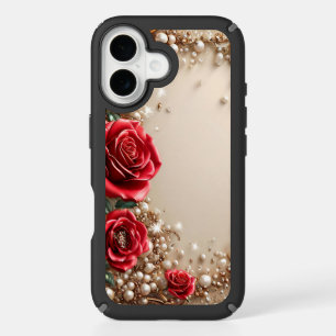 Red Rose Gold Pearl Elegant Frame Protection iPhone 16 Case