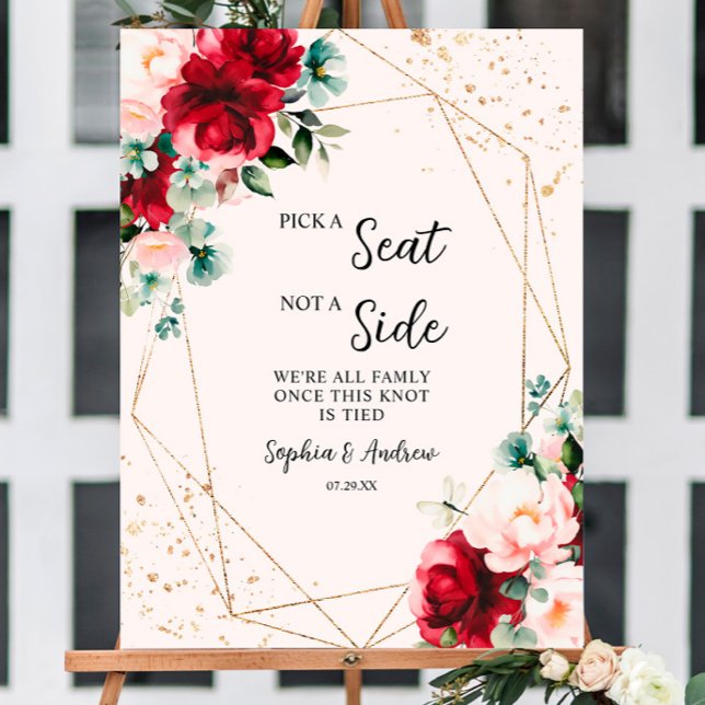 Red Rose & Gold Pick A Seat Not A Side Wedding Foam Board (Creator Uploaded)