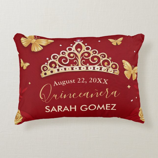 Red Rose Gold Quinceanera  Accent Pillow (Front)