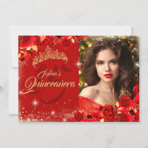 Red Rose Gold Quinceanera Floral Photo Invitation