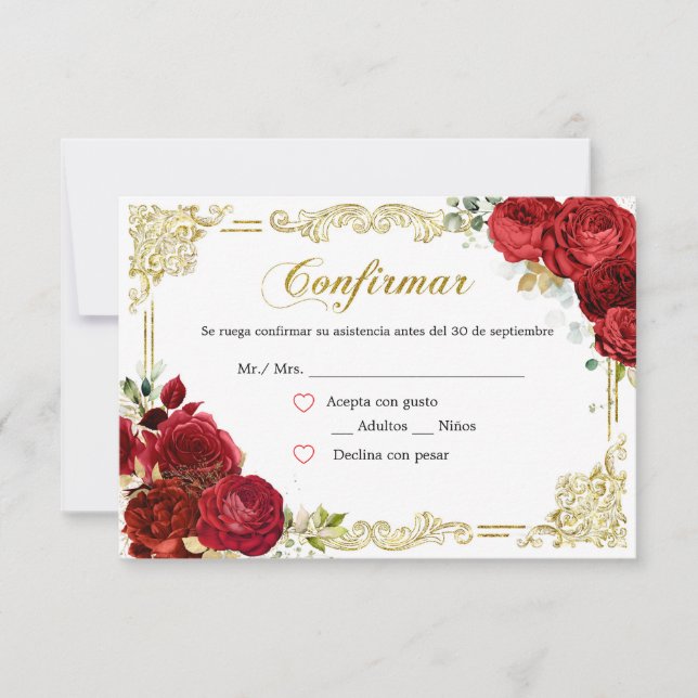Red Rose Gold Quinceañera RSVP Card (Front)