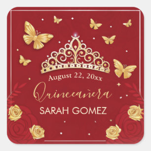 Red Rose Gold Quinceanera Square Sticker