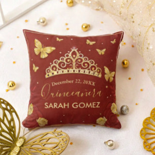  Red Rose Gold Quinceanera  Throw Pillow