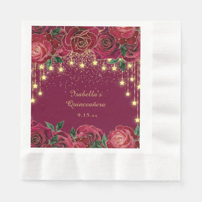 Red Rose Gold Star String Light Stars Quinceañera  Napkins (Front)