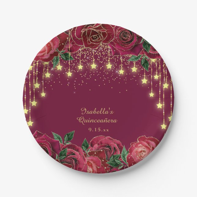 Red Rose Gold Star String Light Stars Quinceañera  Paper Plates (Front)