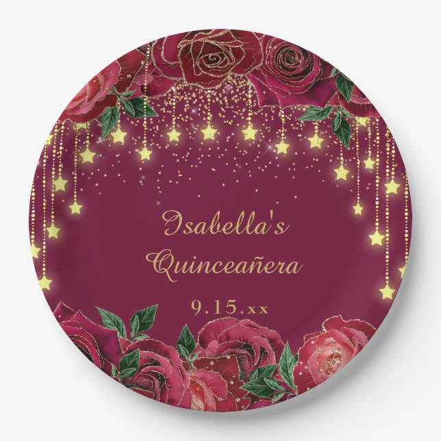 Red Rose Gold Star String Light Stars Quinceañera  Paper Plates (Front)