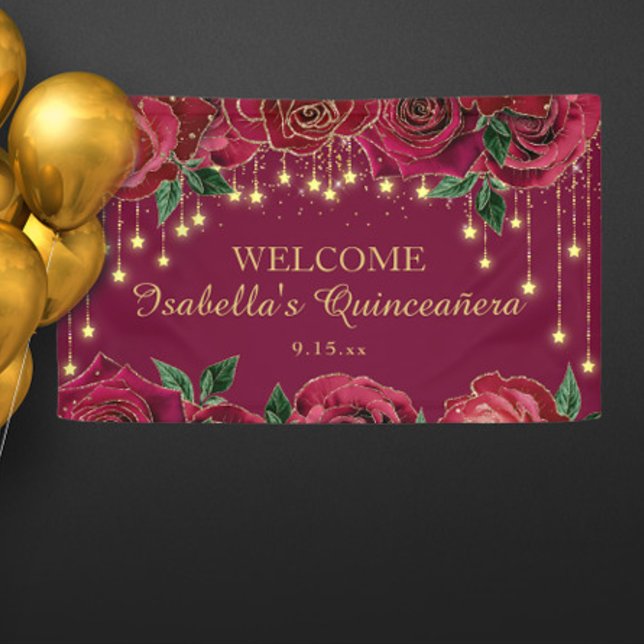 Red Rose Gold Stars Quinceañera Welcome Banner (Elegant red roses and gold star string lights Quinceañera banner)