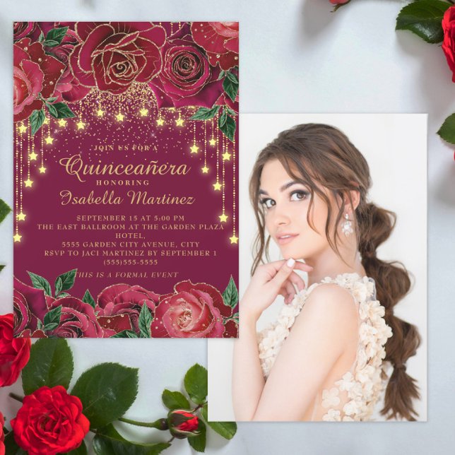 Red Rose Gold String Light Star Photo Quinceañera  Invitation (Elegant red roses and gold string lights Quinceanera photo invitation)