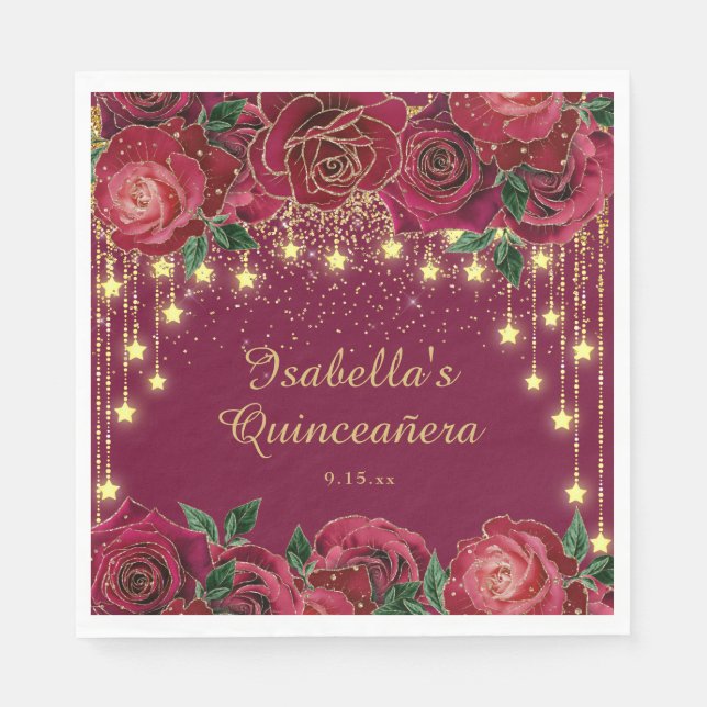 Red Rose Gold String Light Stars Quinceañera  Napkins (Front)