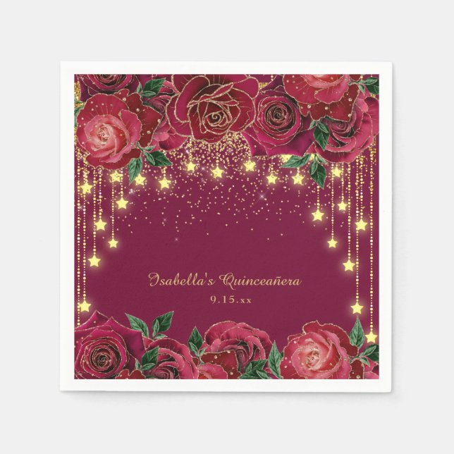 Red Rose Gold String Light Stars Quinceañera  Napkins (Front)