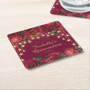 Red Rose Gold String Light Stars Quinceañera Square Paper Coaster