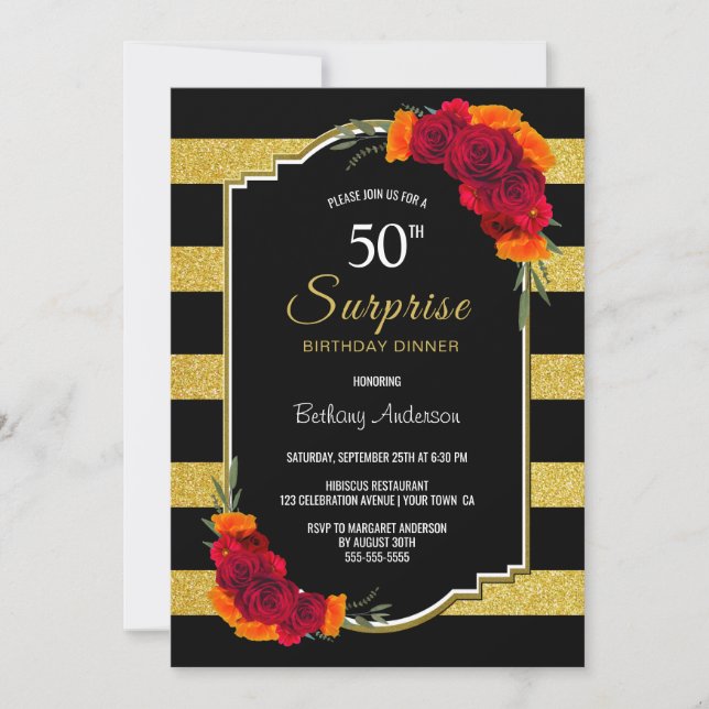 Red Rose Gold Stripe Surprise 50th Birthday Dinner Invitation (Front)