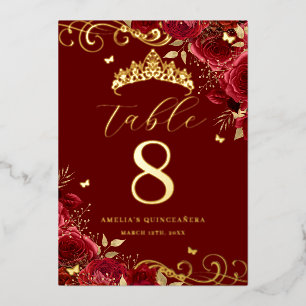 Red Rose Gold Swirl Quinceanera Table Number 