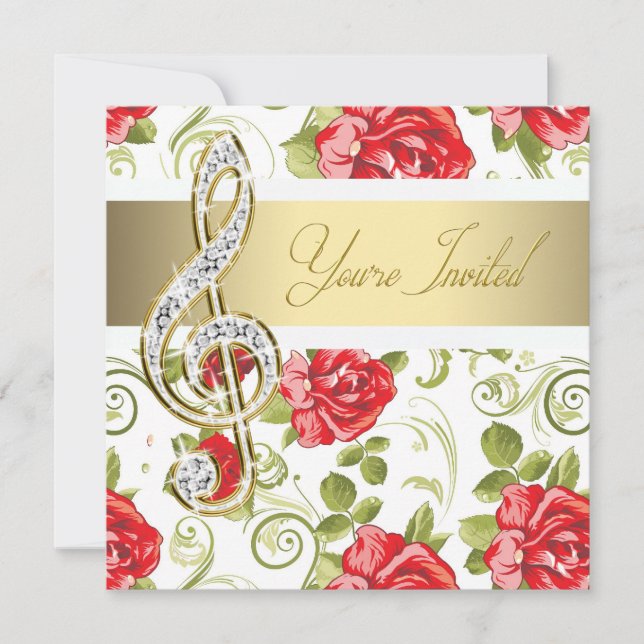 Red Rose Gold Treble Clef Recital Invitation (Front)